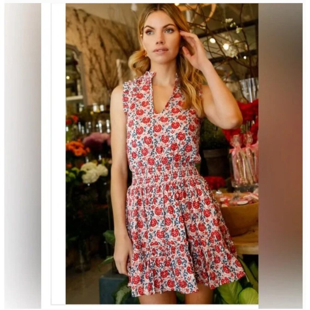 Anna Cate Morgan Dress Womens XS Red Blue Floral Ruffle Sleeveless Casual Boho